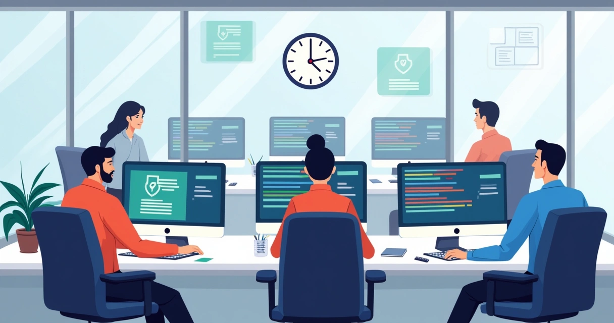 Equipe de TI analisando computadores em ambiente corporativo moderno 