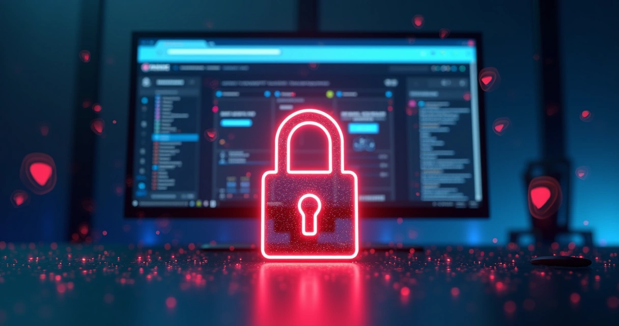 Cadeado digital brilhante em frente a tela de computador mostrando site