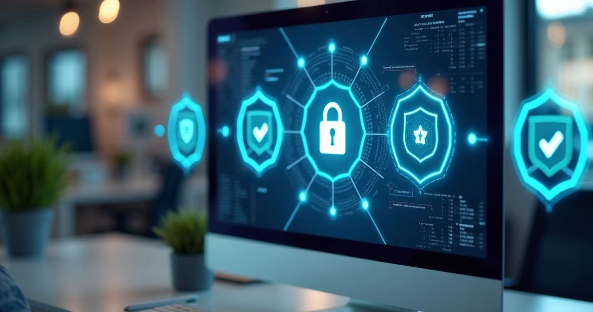 Ícones de segurança em destaque sobre um monitor mostrando página web 