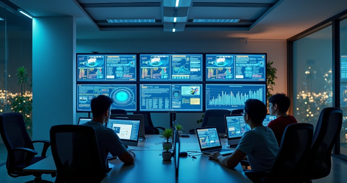 Equipe de TI monitorando segurança de dados em escritório B2B 