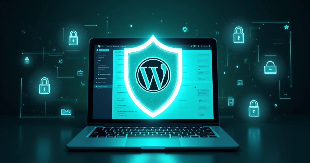 Ilustração de um escudo brilhante protegendo um site WordPress em tela de notebook 