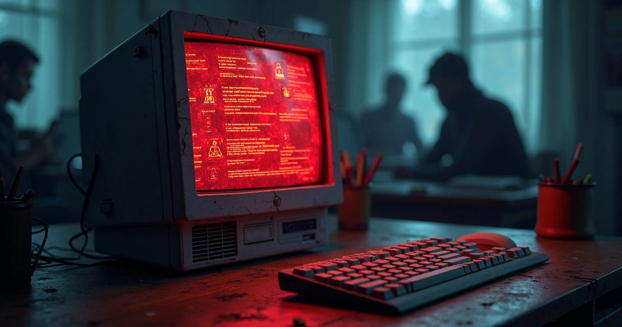 Ilustração de um computador antigo com ícones de alerta vermelho na tela 