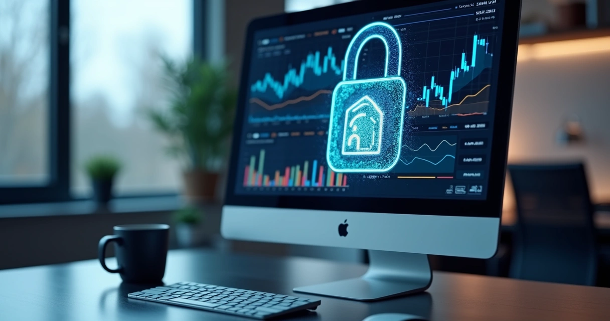 Tela de computador mostrando dashboard financeiro seguro com cadeado digital e gráficos financeiros detalhados 