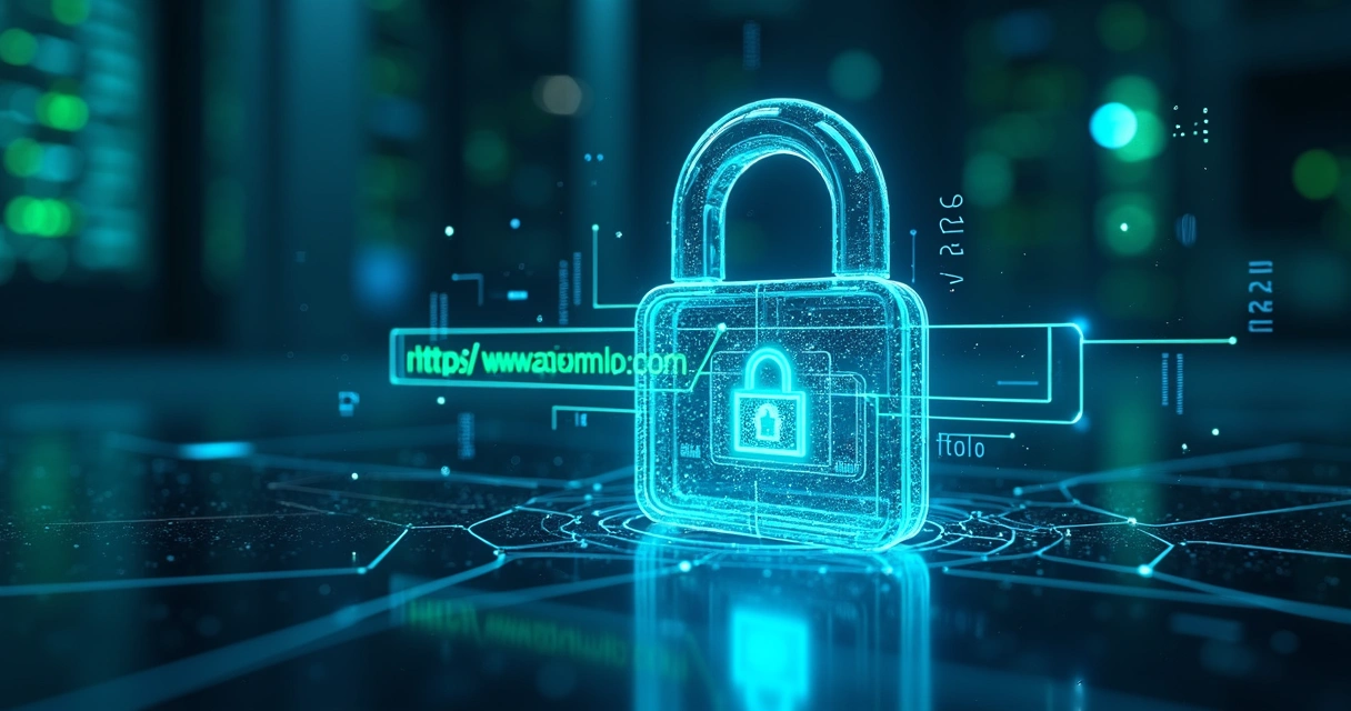 Cadeado digital brilhante protegendo barra de endereço de navegador com https 