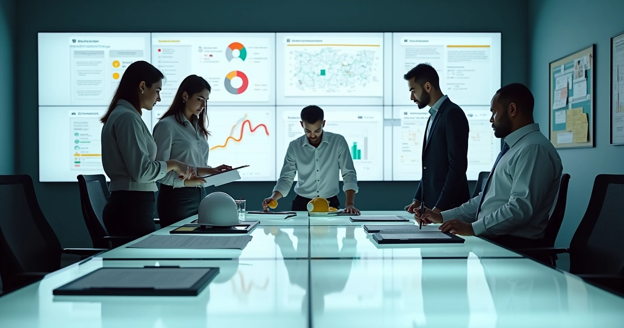 Equipe diversa analisando painel de segurança do trabalho com documentos e ícones de SST 