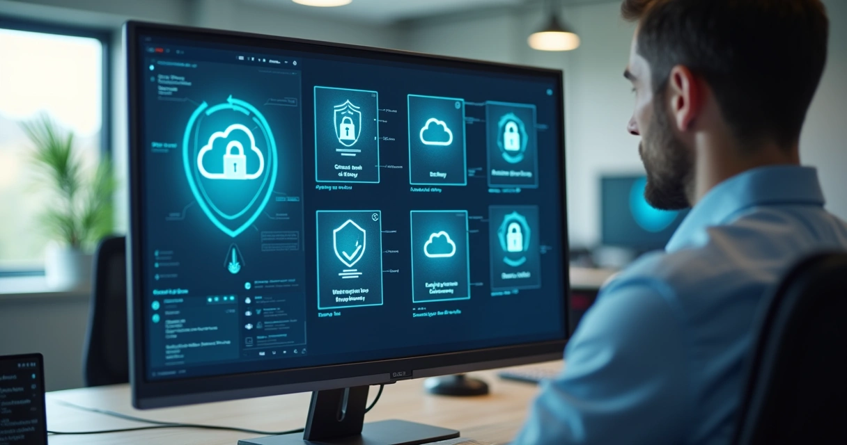 Gestor monitorando segurança de storage em nuvem em tela de computador