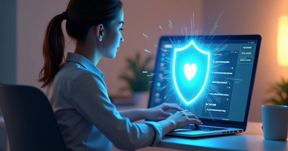 Mulher protegida com escudo digital em app 