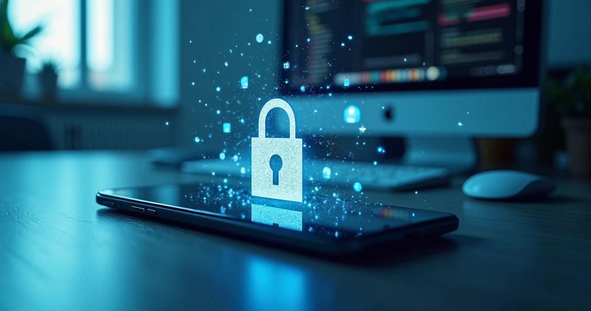 Ilustração de smartphone com cadeado e símbolo de segurança digital 