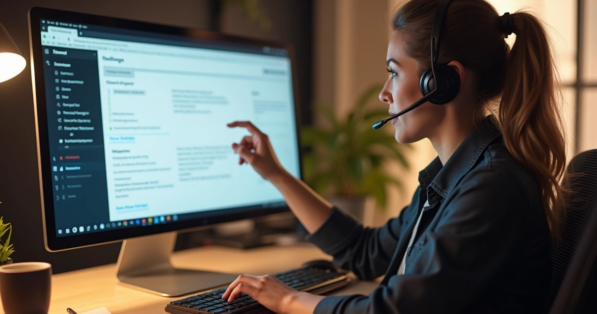 Profissional de suporte conversando com cliente em uma tela de computador, expressão calma e empática, monitor exibindo site WordPress aberto.
