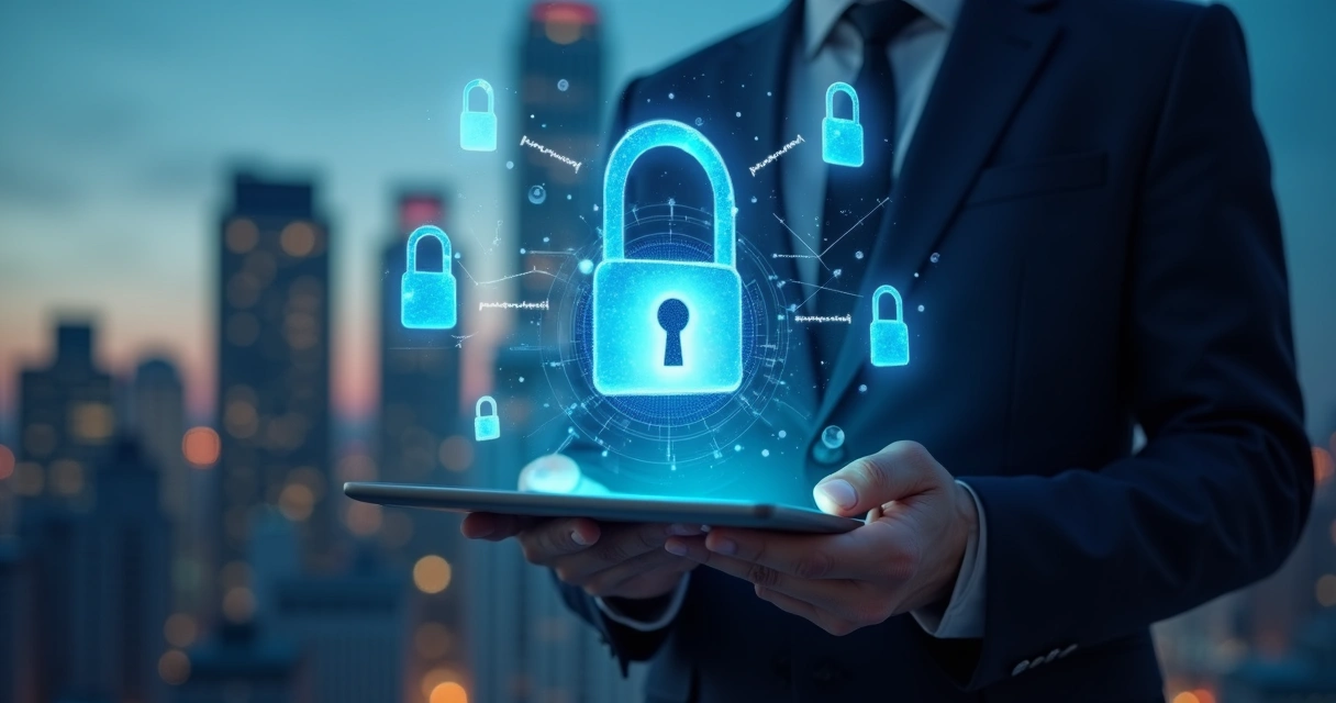 Profissional segurando tablet com cadeado digital flutuando, fundo azul escuro e prédios ao fundo 