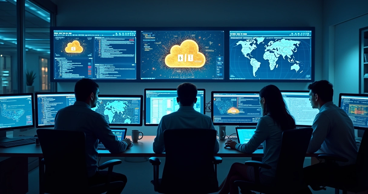 Equipe de TI gerenciando sistemas de segurança em ambiente digital 