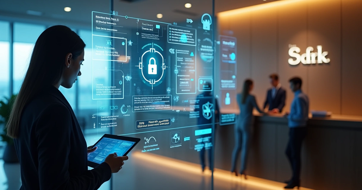 Painel digital mostrando ícones de cadeado e criptografia em ambiente de hotelaria 