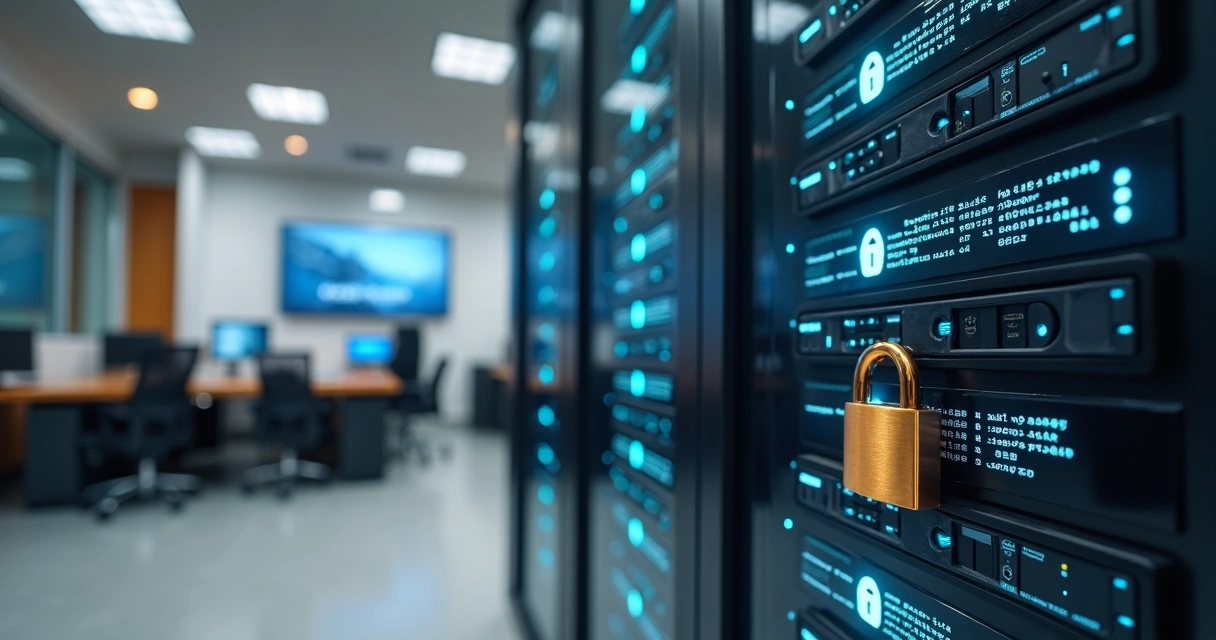 Servidor com cadeado representando proteção de dados em escritório de contabilidade e compliance com LGPD. 