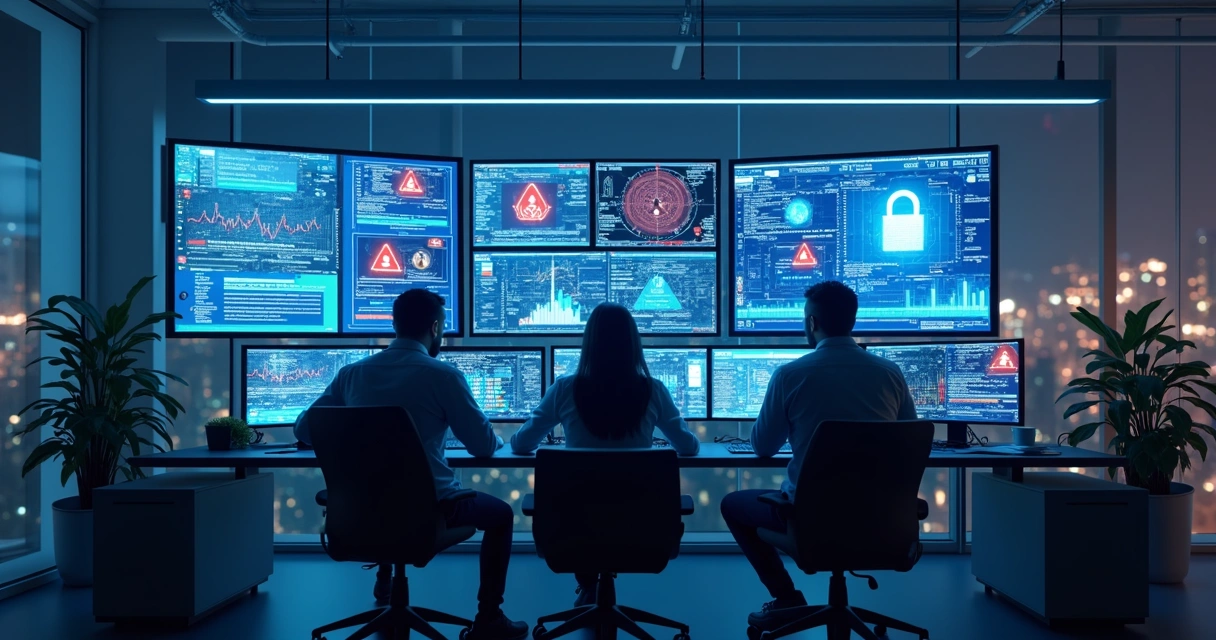 Equipe de TI monitorando sistemas com alertas de segurança digital em telas 