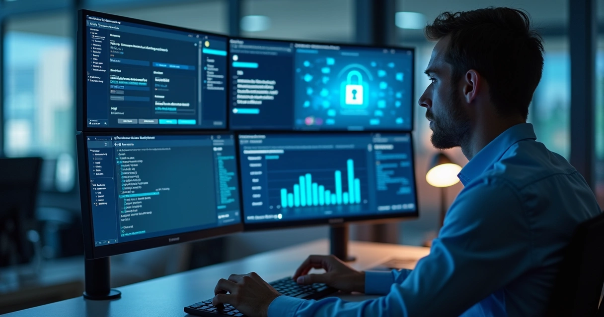 Profissional de TI monitorando segurança de dados em empresa