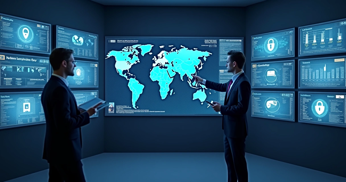 Sala de TI com firewall e painéis de segurança digitais