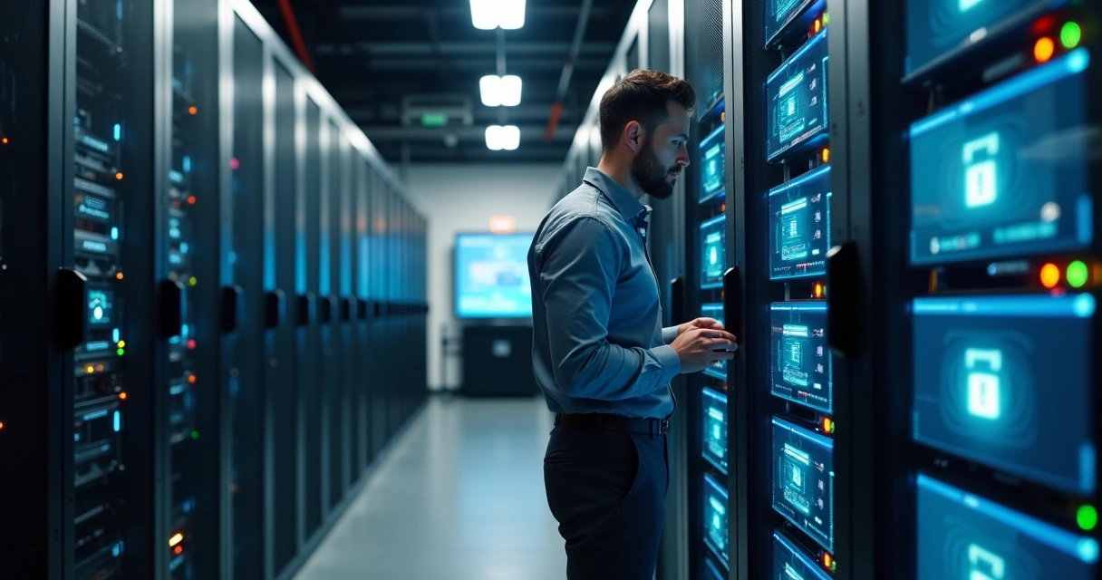 Profissional de TI configurando servidor em data center corporativo