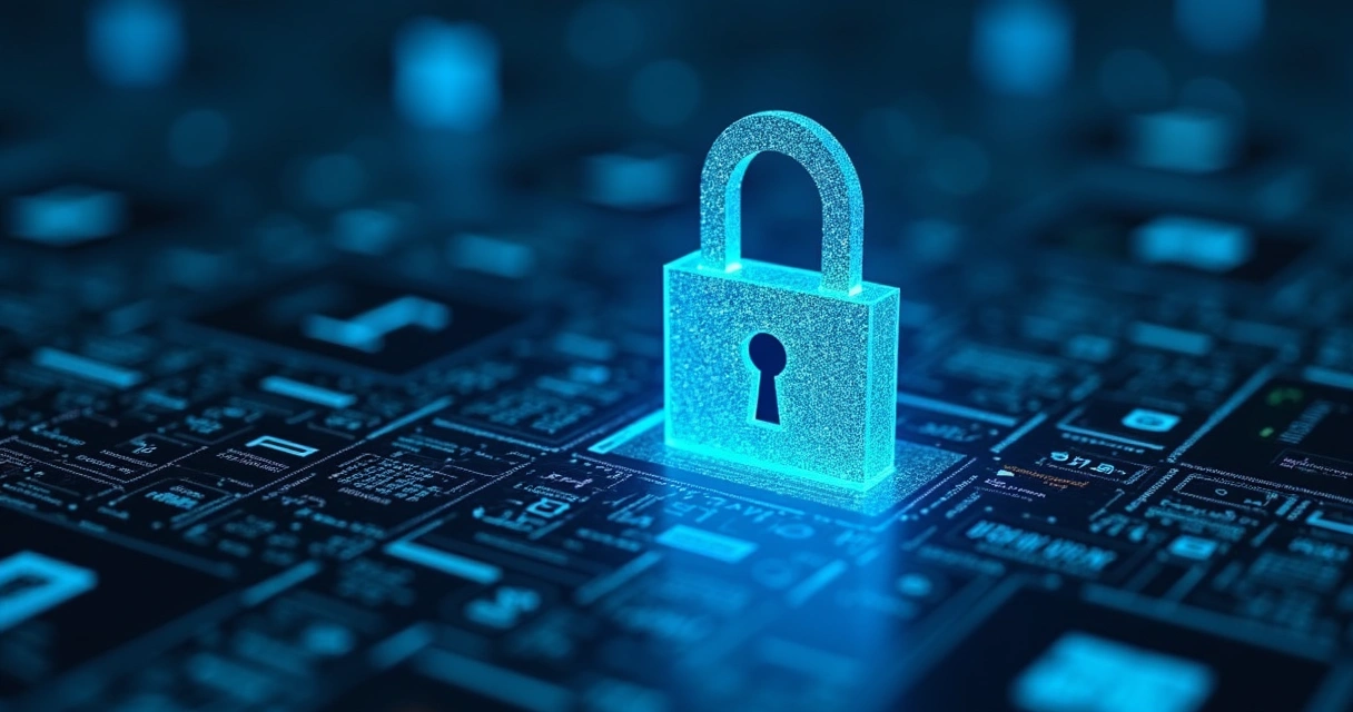 Ícone de cadeado digital sobre código representando segurança na integração de IA jurídica 