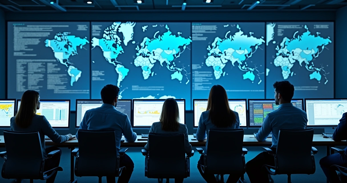 Equipe de TI monitorando rede com indicadores de segurança