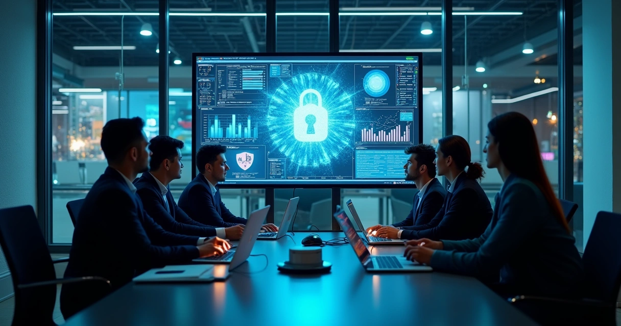 Equipe reunida em torno de tela com dados de segurança cibernética 
