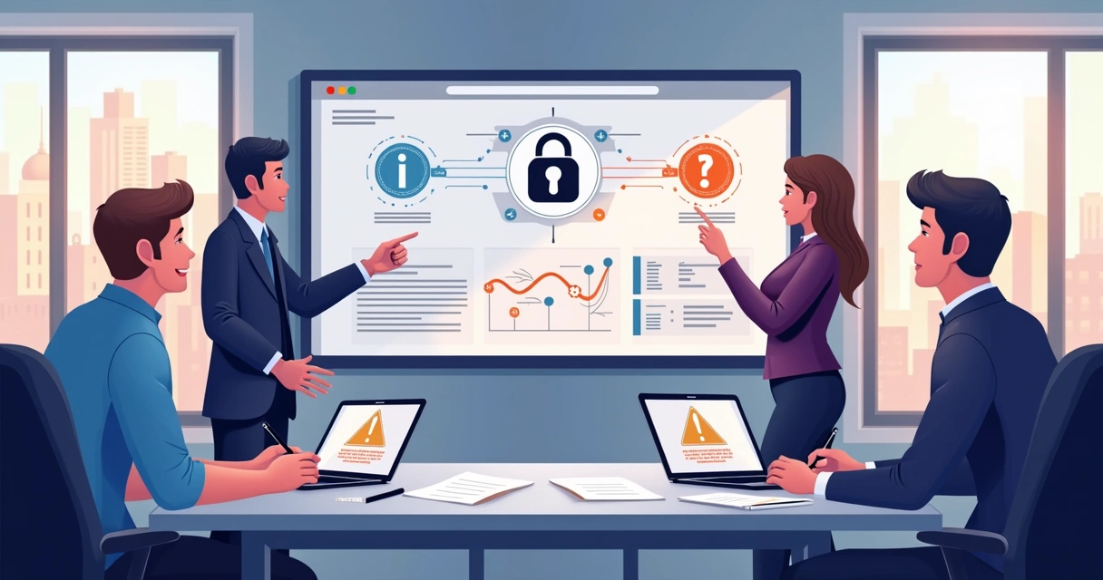 Gestores de TI discutindo segurança digital em uma sala de reuniões 