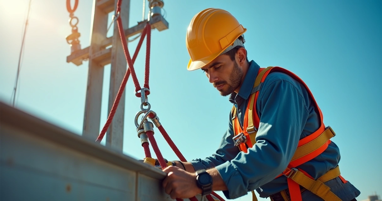 Trabalhador com cinturão e equipamentos de proteção em atividade em altura 