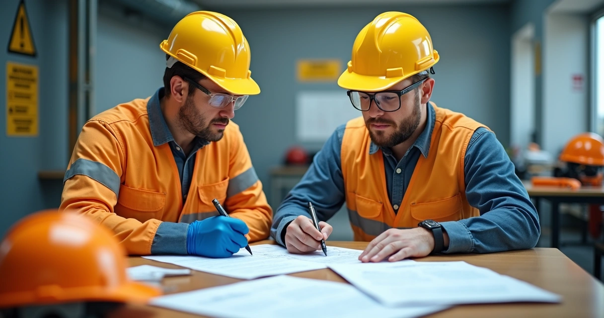 Supervisor e técnico assinando documentação de permissão de trabalho