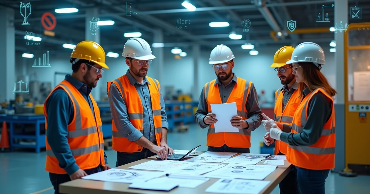 Profissionais avaliando normas de segurança do trabalho em ambiente industrial moderno 