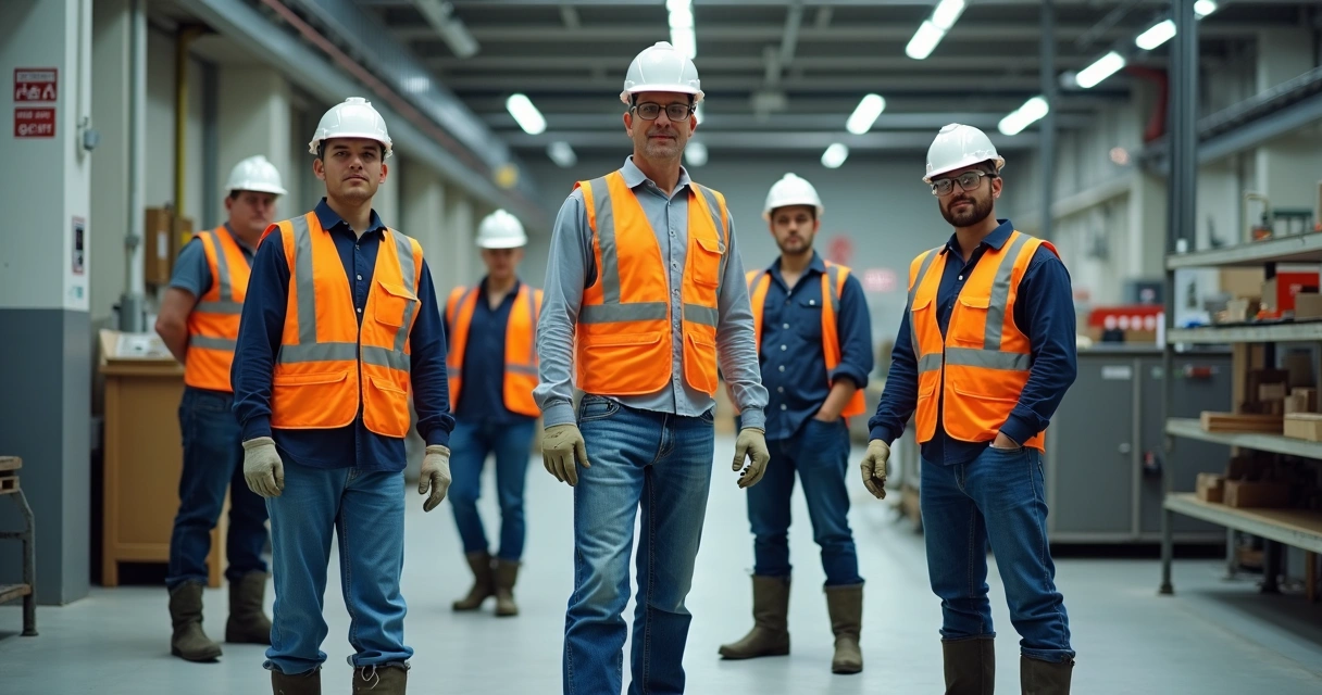 Trabalhadores usando EPIs em ambiente industrial 