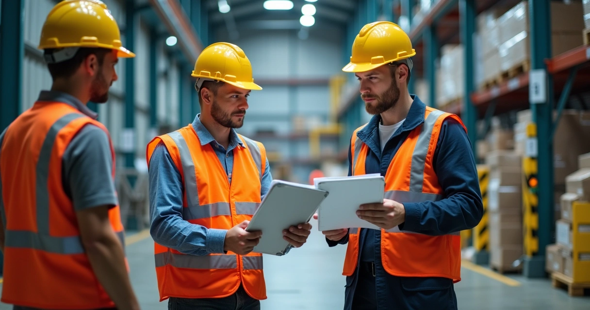 Supervisor orienta trabalhadores terceirizados sobre normas de segurança do trabalho em ambiente industrial 