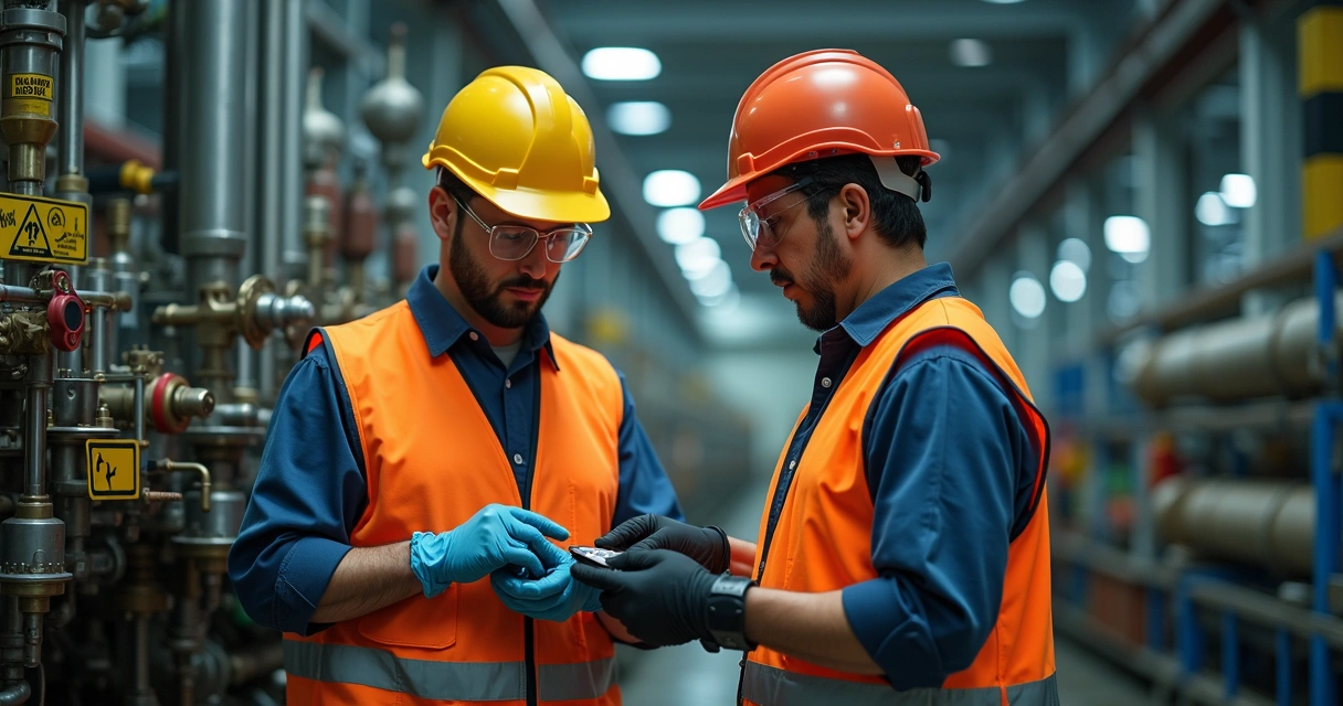 Trabalhadores usam EPI em área industrial perigosa 