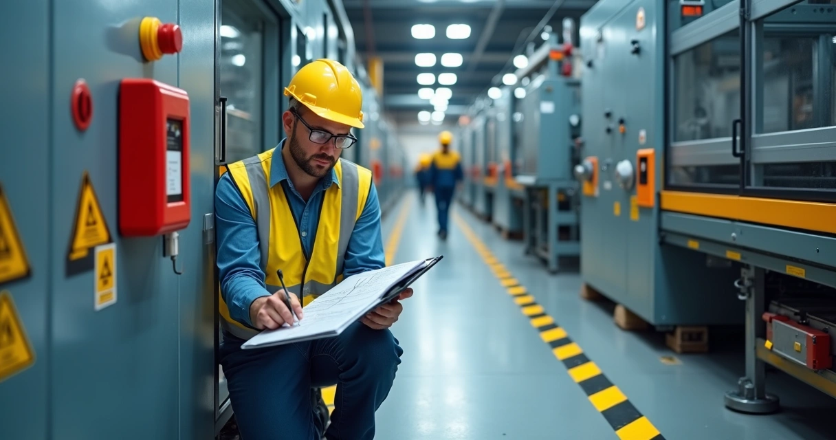 Supervisor verifica pontos de risco em máquina industrial com bloqueio de energia instalado 