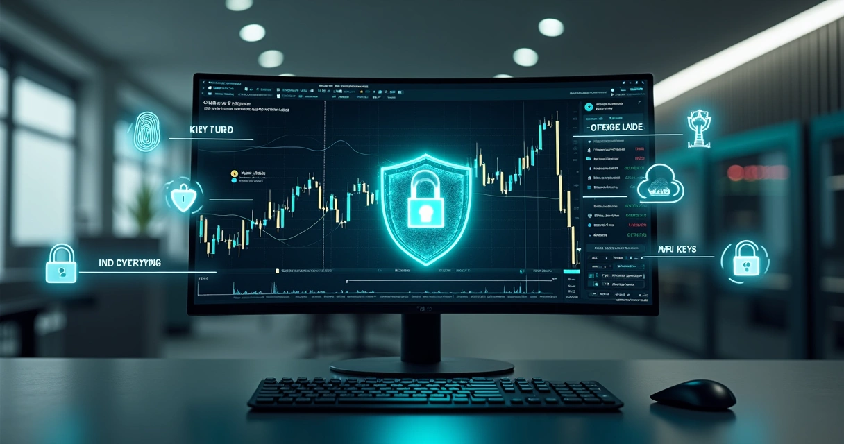 Tela de trading de criptomoedas protegida por escudo digital e cadeado 