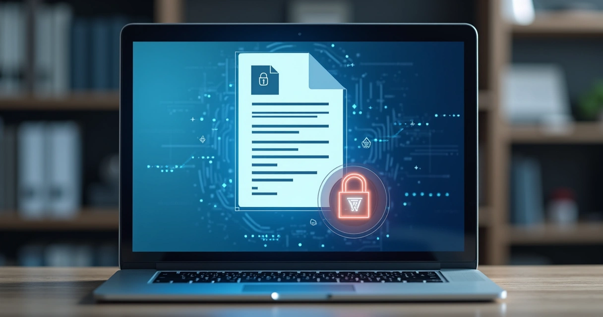 Computador mostrando documento protegido com cadeado digital 