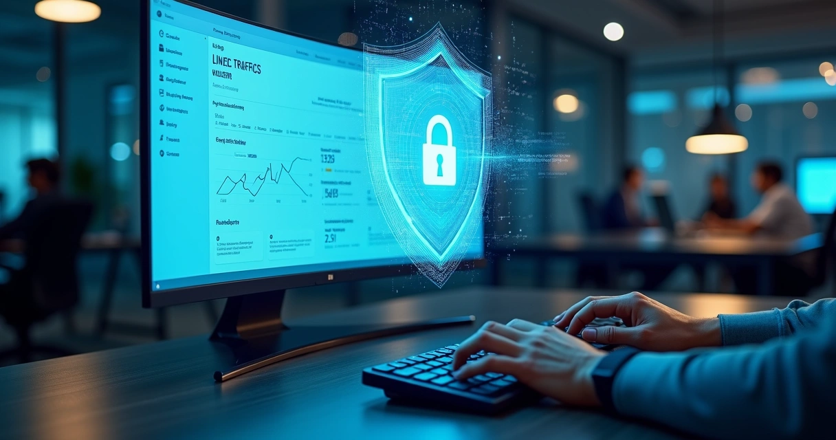 Profissional analisando painel de tráfego web protegido por escudo digital 