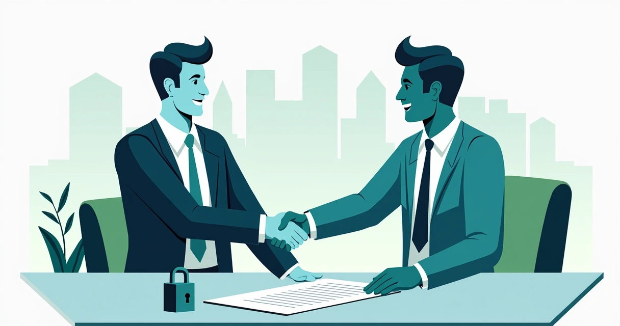 Client and broker shaking hands over a signed property contract, a symbol of security. 