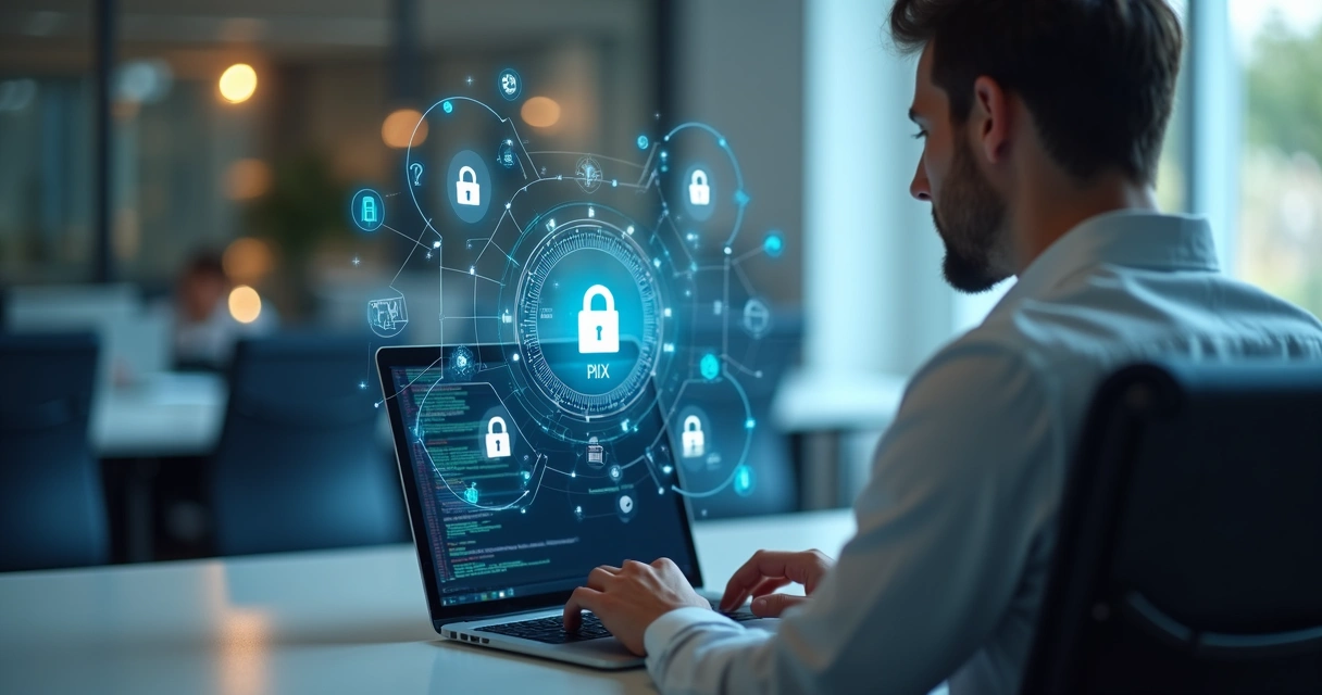Profissional em frente a computador enquanto verifica segurança de transação PIX 
