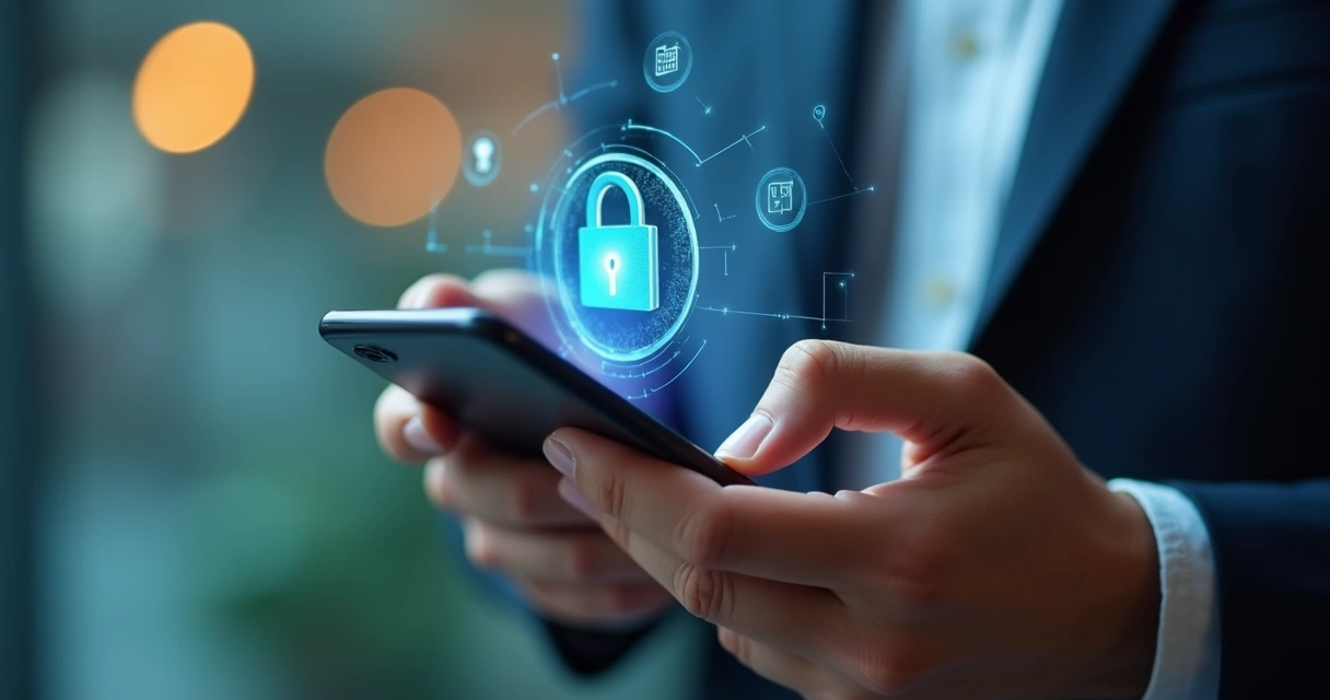 Pessoa segurando um celular exibindo um perfil de rede social com cadeado digital ao fundo 