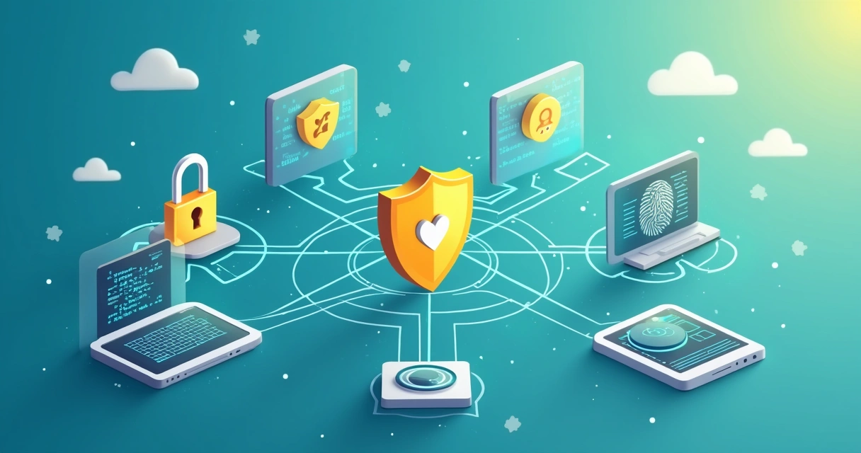 Ícones de segurança digital conectando computadores 