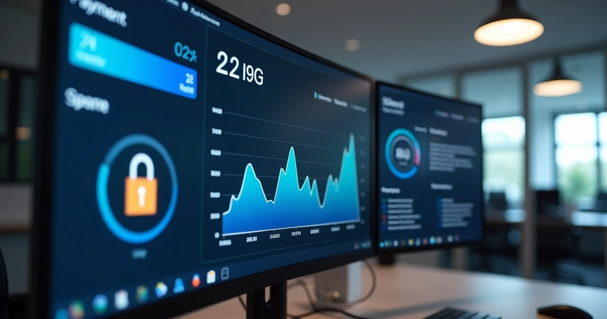 Tela de computador mostrando gráficos de monitoramento de pagamentos e ícones de cadeado para representar segurança