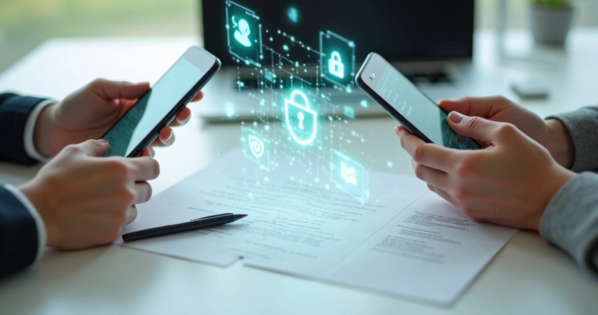 Nova dona segura smartphone enquanto dados migram de outro aparelho com camada de proteção visual 