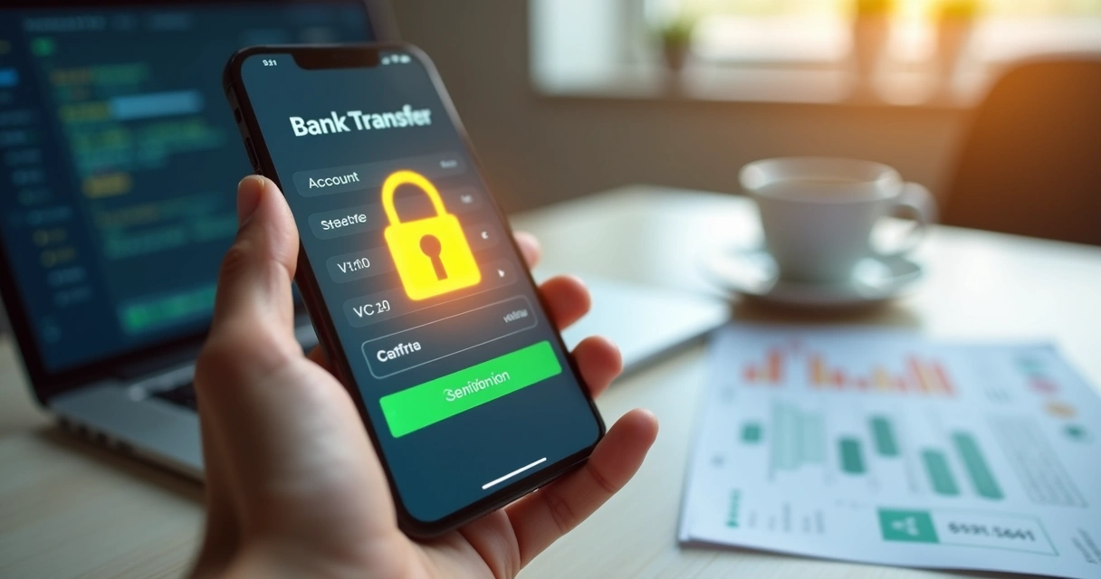 Smartphone mostrando app bancário para transferência com cadeado digital simbolizando segurança financeira 