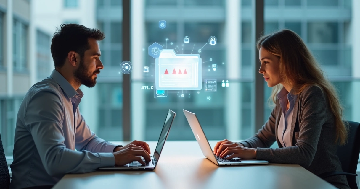 Duas pessoas trocando documentos digitalmente em um escritório 