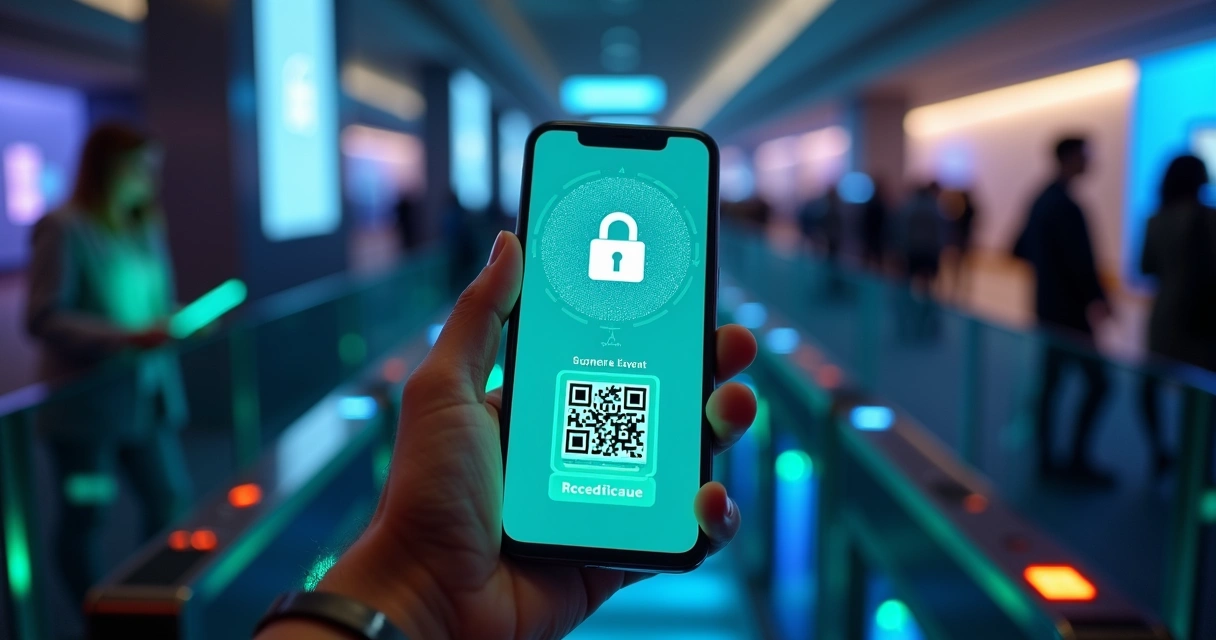 Mão segurando ingresso digital com QR Code em frente a catraca eletrônica com cadeado holográfico 