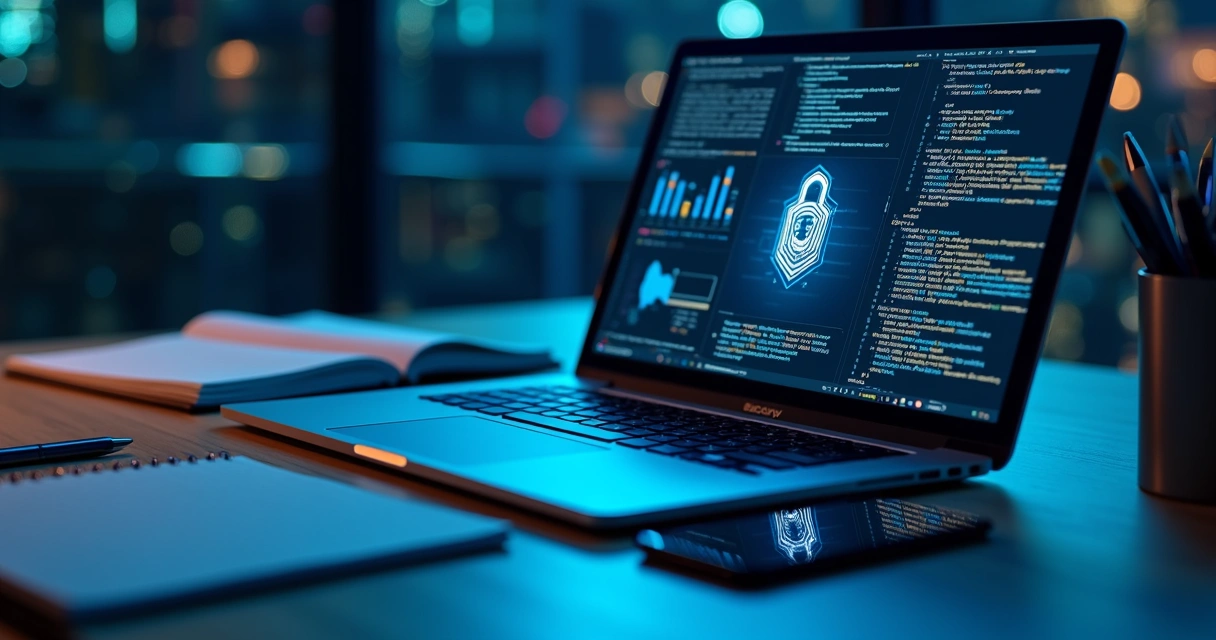 Mesa de trabalho com laptop mostrando código de segurança digital e gráficos, além de smartphone exibindo autenticação em duas etapas, ao redor itens de escritório modernos e um fundo com luzes de neon azuis 