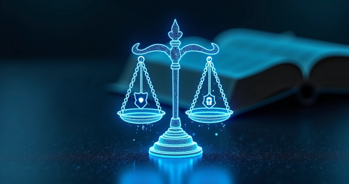 Ícones de segurança digital e balança da justiça juntos em interface digital 
