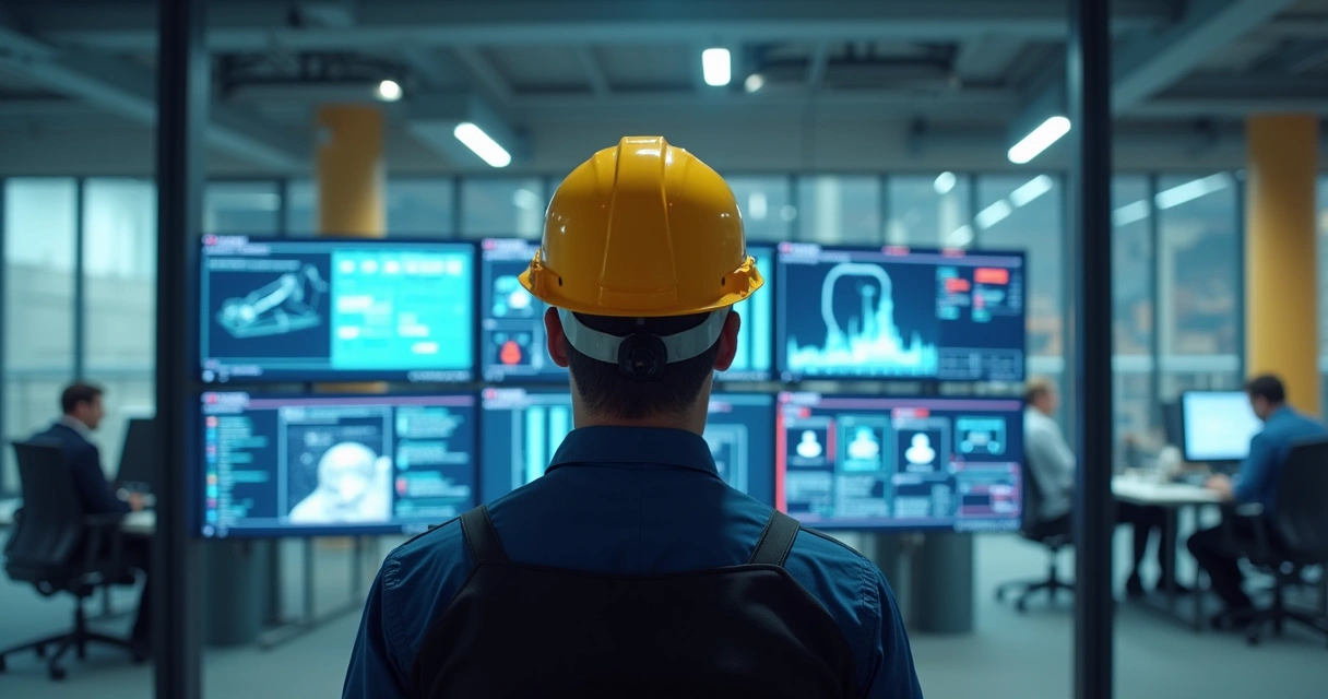 Engenheiro observando imagens com IA detectando riscos no canteiro 