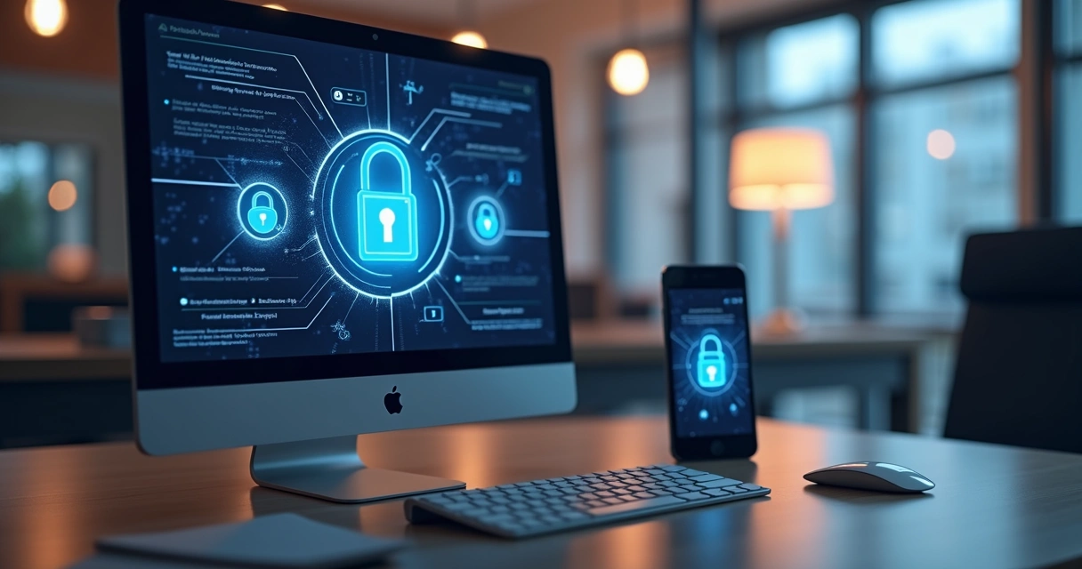 Computador com tela mostrando sistema de votação digital seguro com cadeado e gráficos de engajamento 