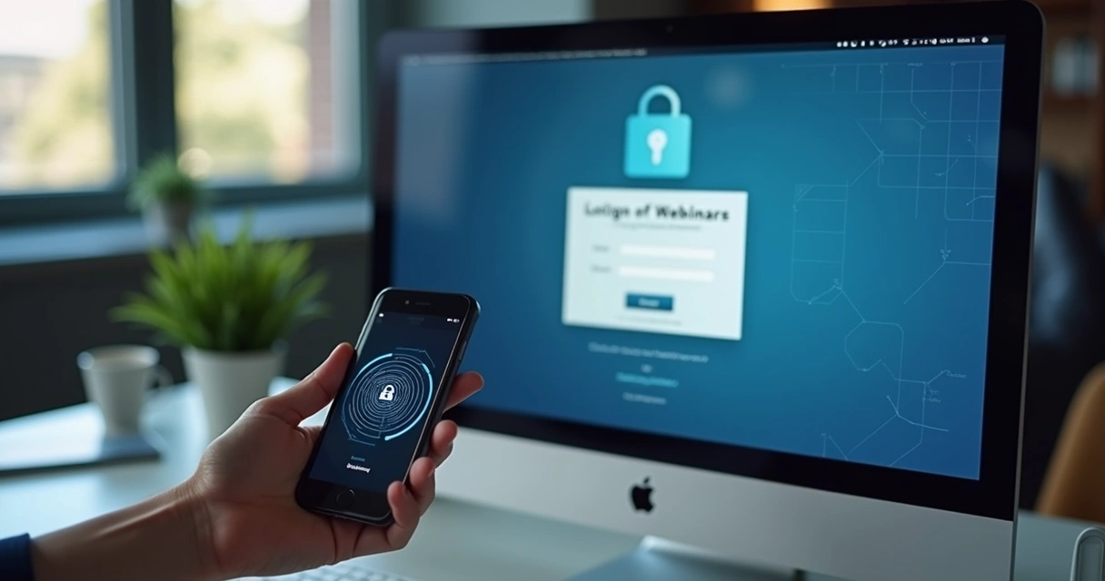 Tela de login com autenticação em dois fatores em smartphone ao lado de computador 