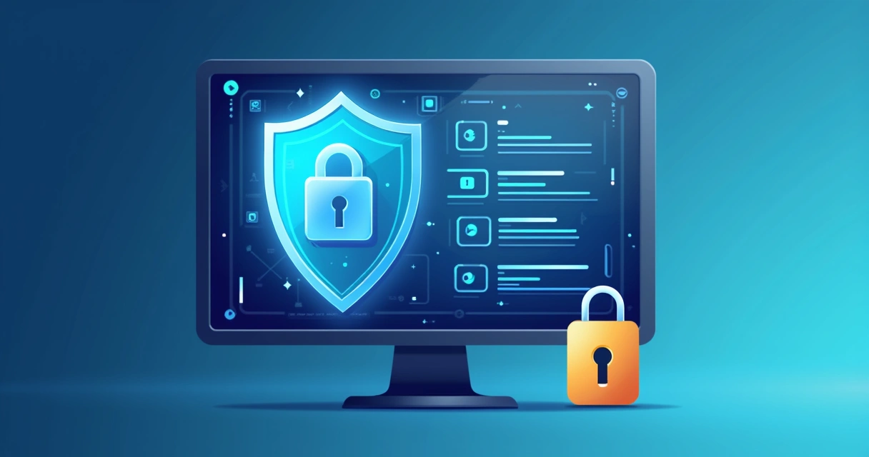 Escudo digital e cadeado ao lado de um monitor com código aberto, em um fundo azul claro. 